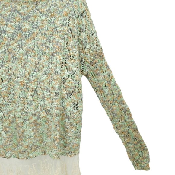 Gimmicks By BKE Pullover Sweater Womens Size L Open Knit Lace Hem Trim Green Tan - Picture 15 of 15